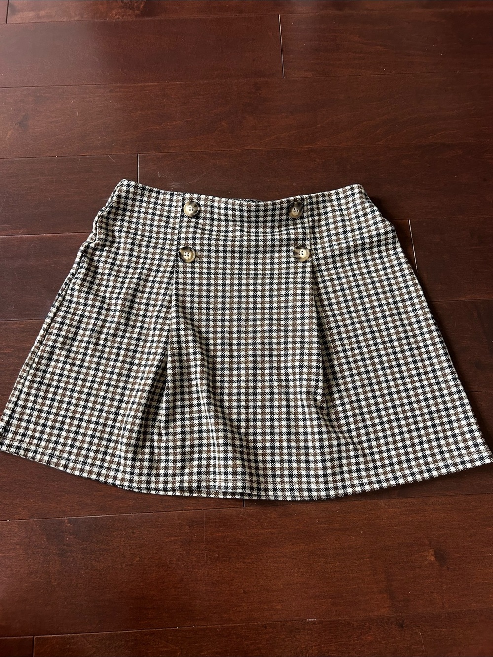 Plaid Button-Front A-Line Mini Skirt in Brown & White